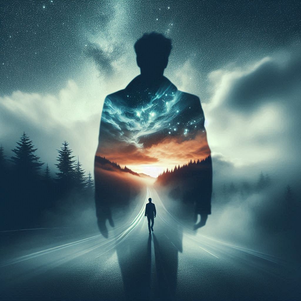 Double exposure of a man walking away on a foggy road, his silhouette filled with a time-lapse of clouds and stars swirling, dreamlike, melancholic atmosphere, fine art photo style.