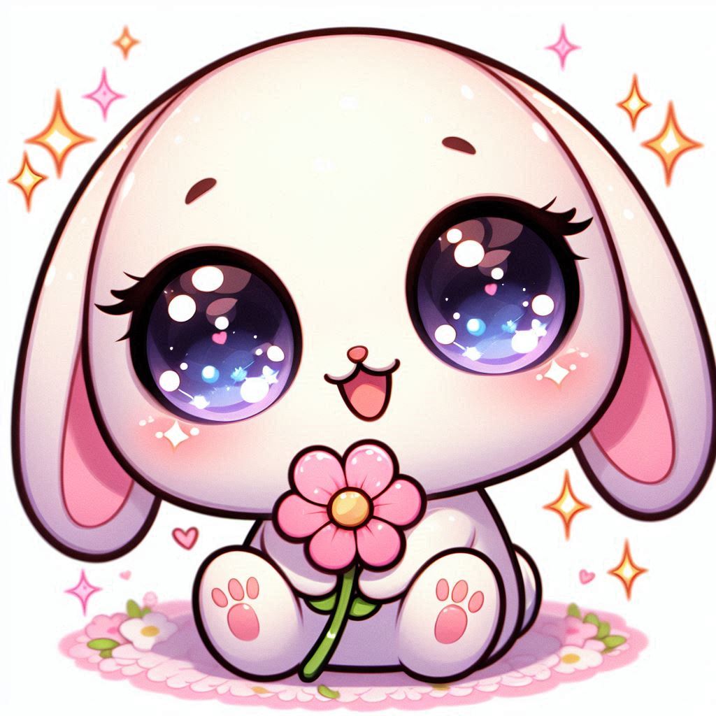 A chibi-style baby bunny with a round head, giant sparkly eyes, and floppy ears, holding a pink flower, kawaii art style, pastel colors, super cute.
