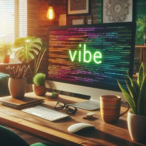 Computer screen with what looks like code and the word Vibe in big letters.