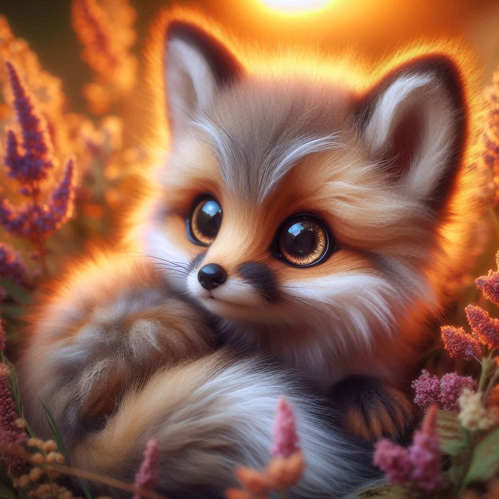 A fluffy baby fox with huge sparkling eyes and soft fur, curled up in a bed of wildflowers, golden hour lighting, ultra-realistic and adorable.