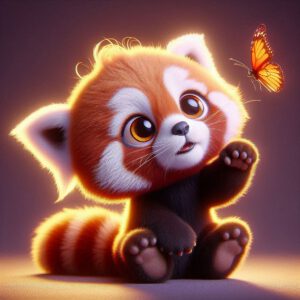 A baby red panda with oversized eyes and fluffy cheeks, playfully reaching for a butterfly, Pixar-style 3D rendering, glowing warm light, heart-melting expression.