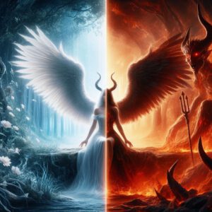 Split image: left side showing a serene white-winged angel in a glowing forest, right side a dark demon with horns in a fiery wasteland, epic fantasy, high detail, vertical divide.