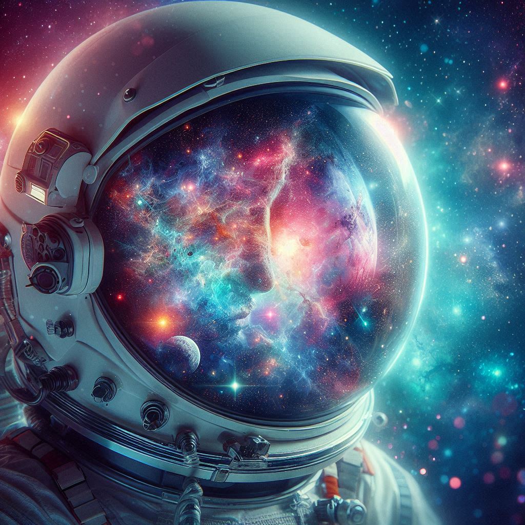 Double exposure of an astronaut’s helmet reflecting a colorful galaxy and nebula, space merging into the reflective glass, glowing particles, vivid cosmic theme.