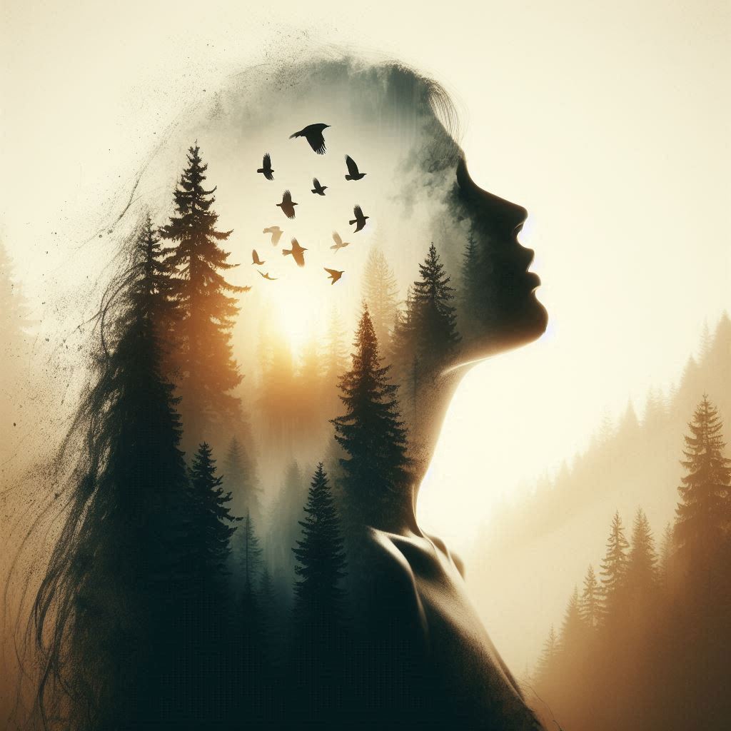Double exposure of a woman’s profile silhouette merged with a misty pine forest and birds flying, soft golden backlight, ethereal and moody, cinematic photography style.