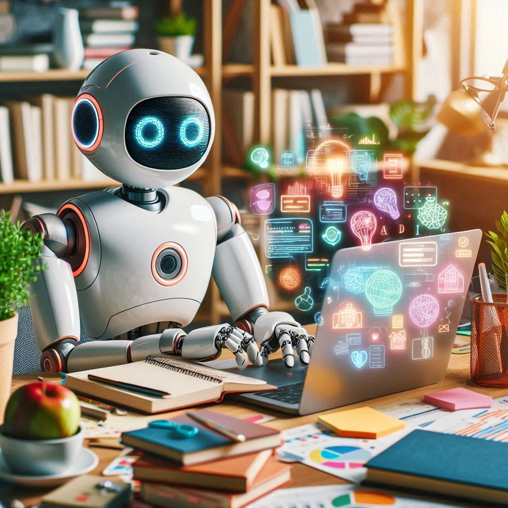 robot writing content on a computer