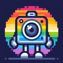 8bit pixel camera robot with rainbow colors. minimal & cute