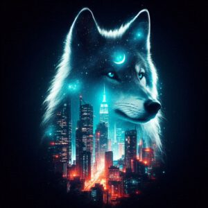 Double exposure of a wolf silhouette blending with a nighttime city skyline, neon lights and stars inside the shape, dark cyberpunk aesthetic, surreal digital art.