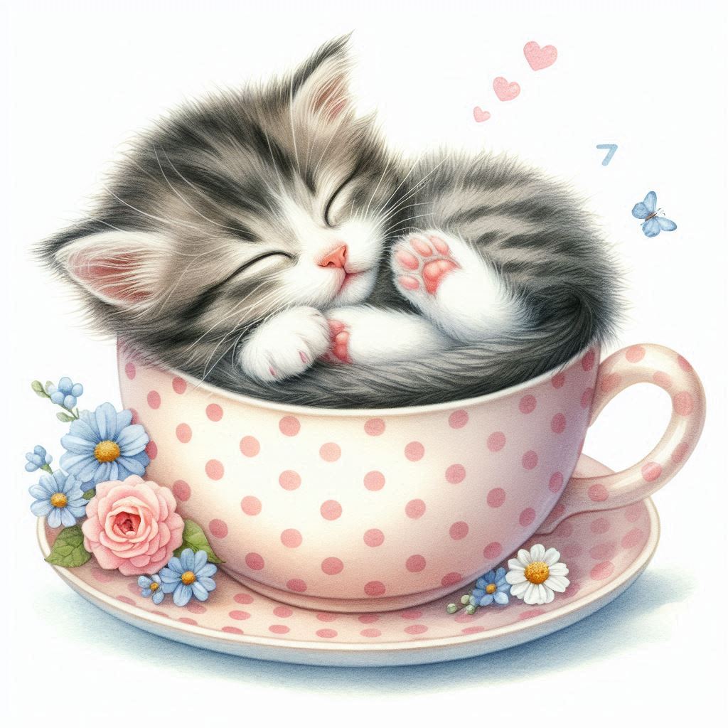 A tiny sleeping kitten curled up in a polka-dotted teacup, with little paws showing, surrounded by tiny flowers, soft watercolor illustration, extremely cute.