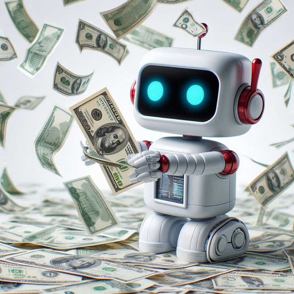 cute robot on a white background making it rain with dollar bills